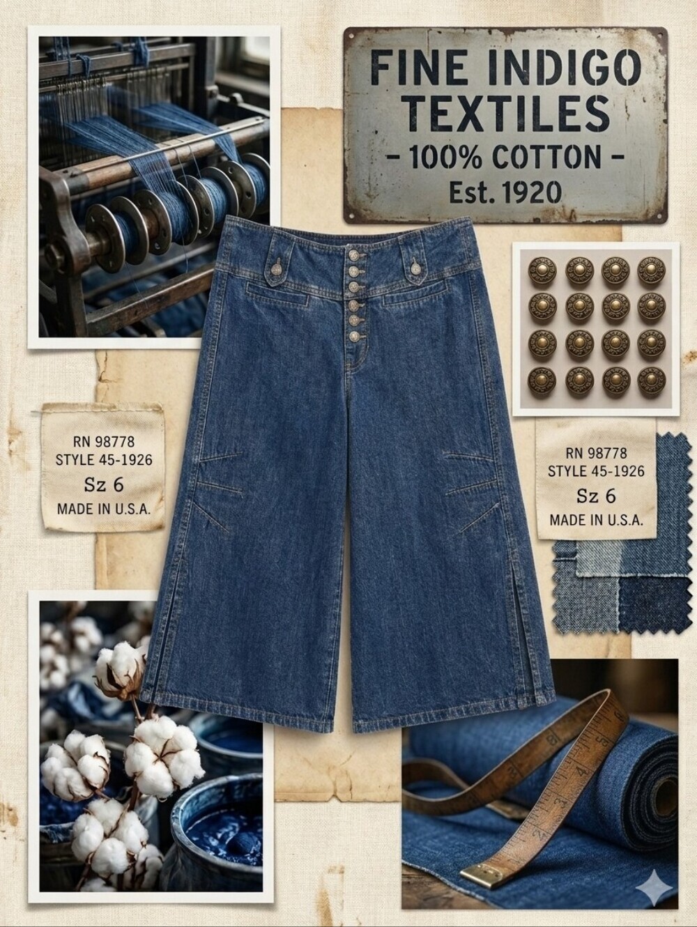Vintage Blue Dot Wide-Leg Denim Culottes Cropped Gaucho Jeans - 6 - 100% Cotton - Picture 4 of 12